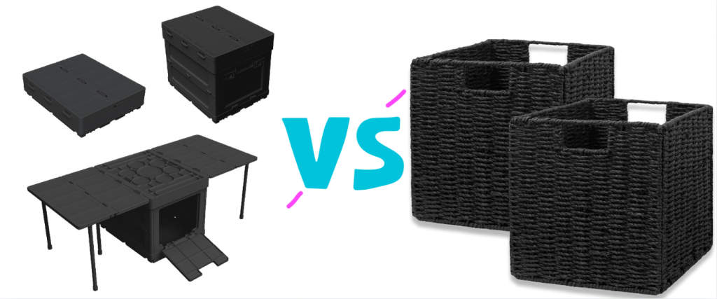 black storage baskets and collapsible storage containers