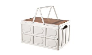 Collapsible white storage box with handle and wood lid for outdoor use