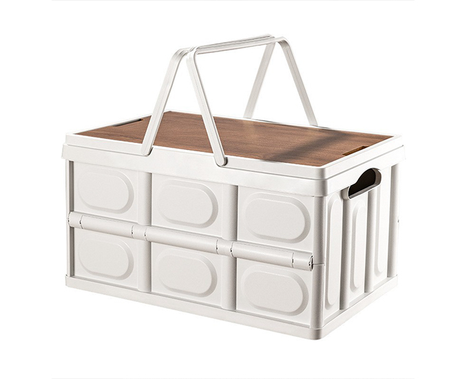 Collapsible white storage box with handle and wood lid for outdoor use