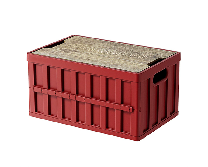 red folding storage box with wooden lid tabletop on white background