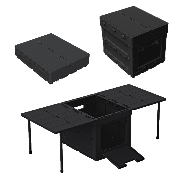 Step-by-step folding sequence of a black camping storage box with collapsible design and table conversion function