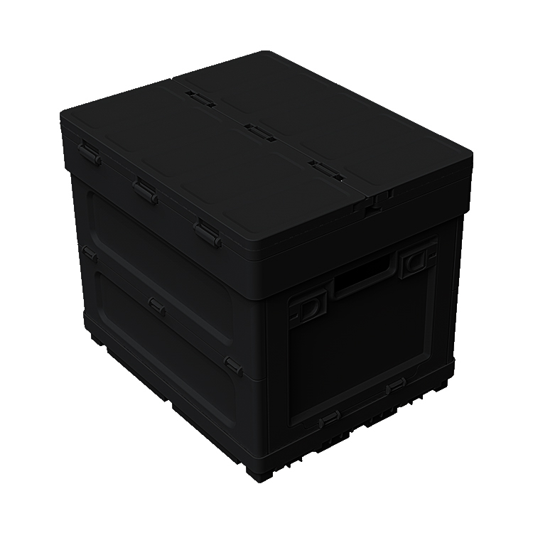 Front view of the black 50L foldable storage box in standard open-top form on white background