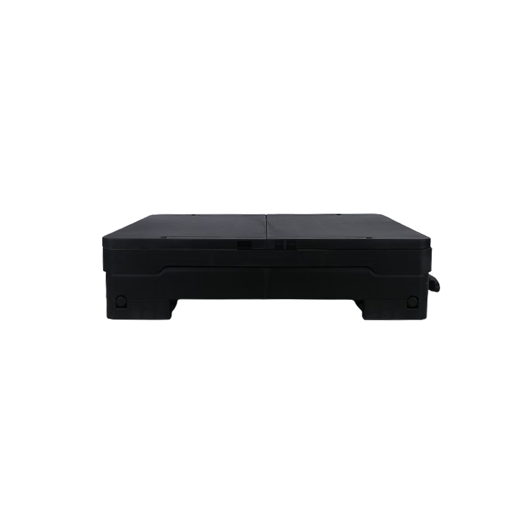 Side View of Black Plastic Folding Storage Box with Wheels