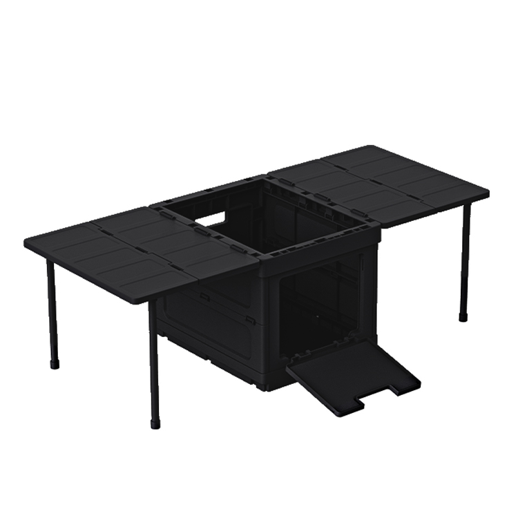 Black folding storage box converted into tabletop mode, used as camping table or display stand