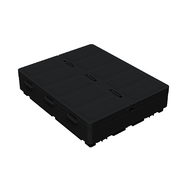 Black camping storage box completely folded into flat form for storage efficiency