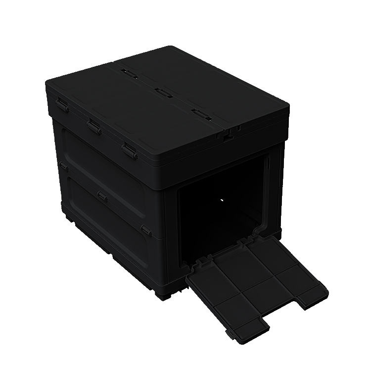 Side view of black collapsible camping storage box with built-in grip and interlocking frame