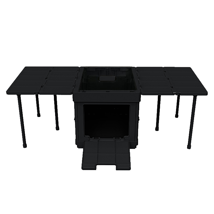 Front view of a black foldable storage box with extended tabletop design, ideal for camping, picnics, or outdoor display
