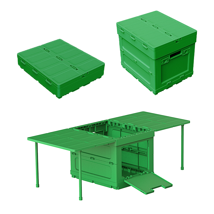 Multi-angle display of green CB02 foldable storage box including open, folded, side-open, and table mode
