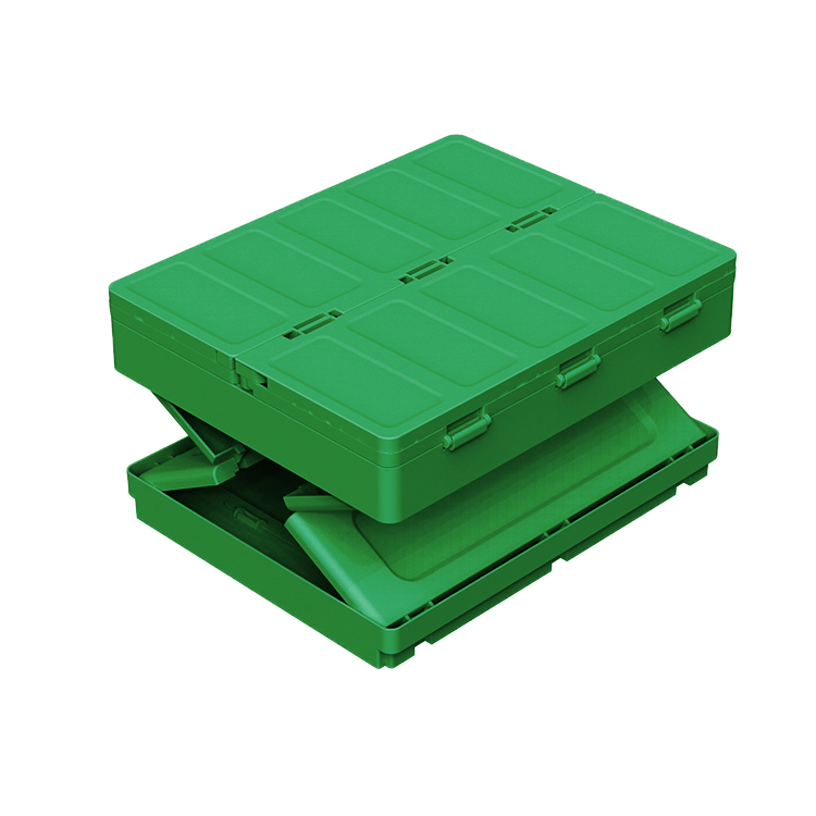 Green 16.5L foldable camping storage box CB02 in half-collapsed state showing transition from open to folded