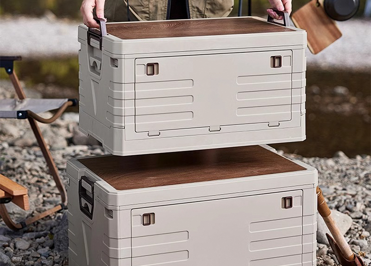 Large beige folding storage crate with wood-style top