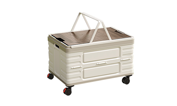 Foldable storage box with wooden lid and wheels on white background