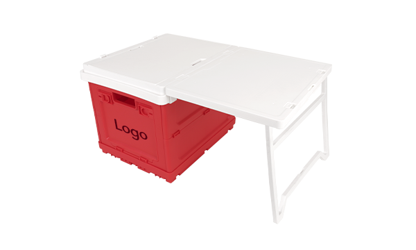 Red and white foldable storage box with integrated table lid and customizable logo