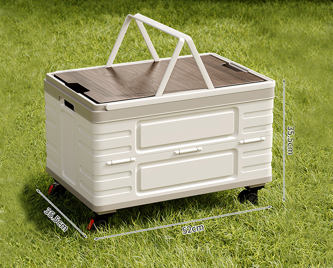 Foldable storage box with brown wood-style lid and carry handle, shown with size measurements