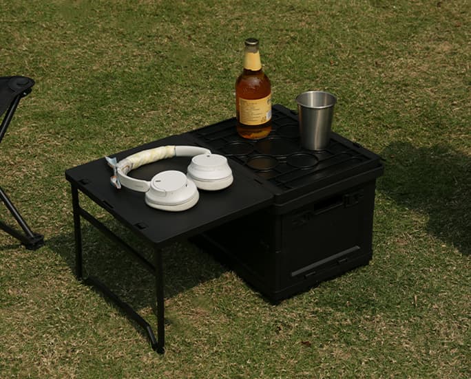 Foldable camping storage box with integrated tabletop and cup holders