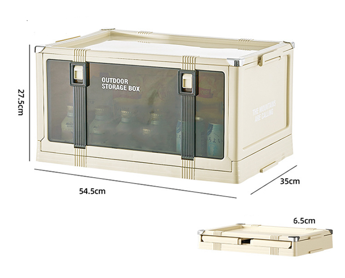 Beige foldable outdoor storage box with measurements.