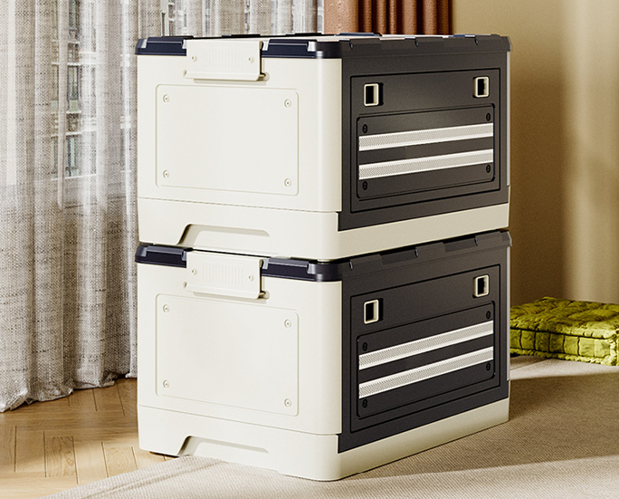 Stackable foldable storage boxes in beige and dark gray used in a modern indoor setting