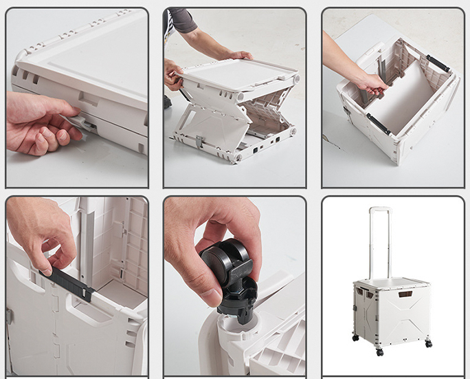 Step-by-step assembly guide for a foldable trolley storage box with handle and wheels