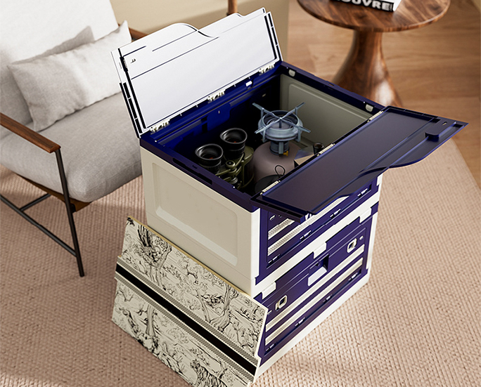 Open top view of a collapsible storage box filled with camping gear