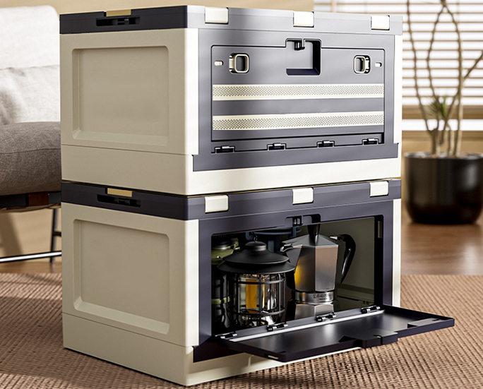 Foldable storage box with side door open, displaying coffee brewing gear