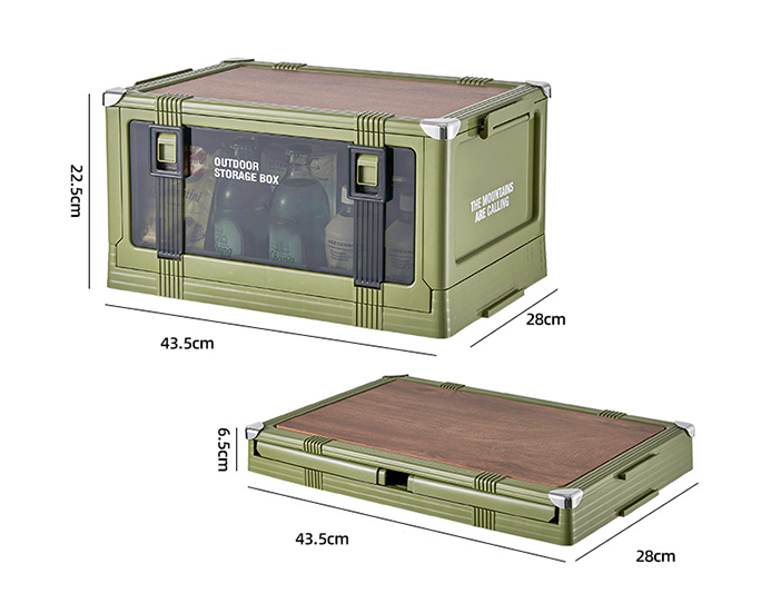 Small green outdoor storage box with measurements shown.