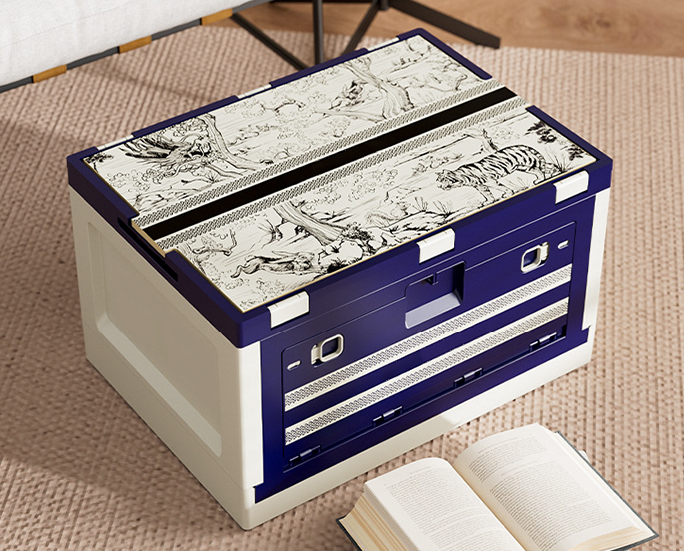 Foldable storage box with illustrated lid placed beside an open book