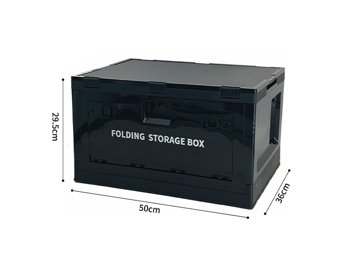 Black folding storage box with front door and dimensions 50cm x 36cm x 29.5cm