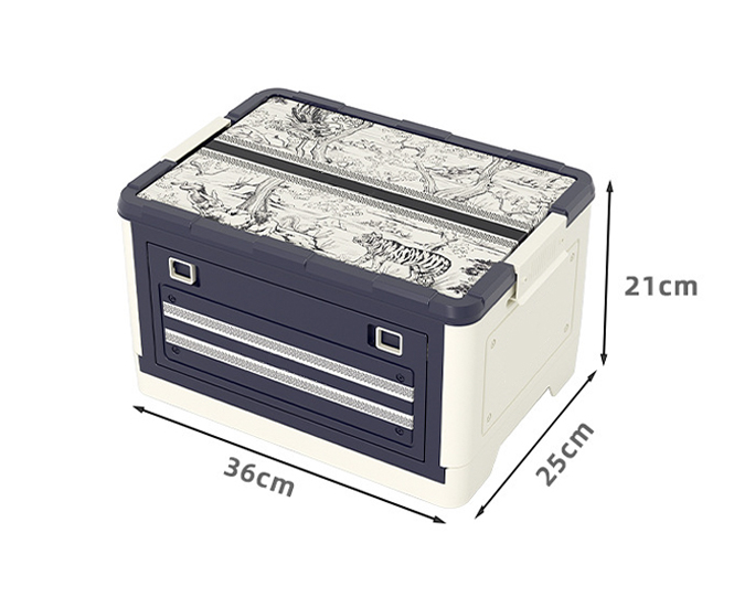 Small collapsible storage box with jungle illustration lid and size dimensions