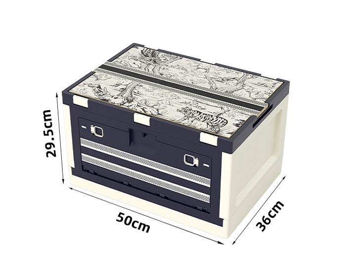 Large foldable storage box with jungle illustration lid and labeled size dimensions