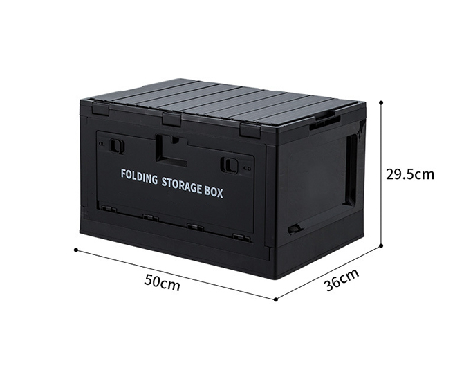 Matte black plastic folding storage box with lid and measured size