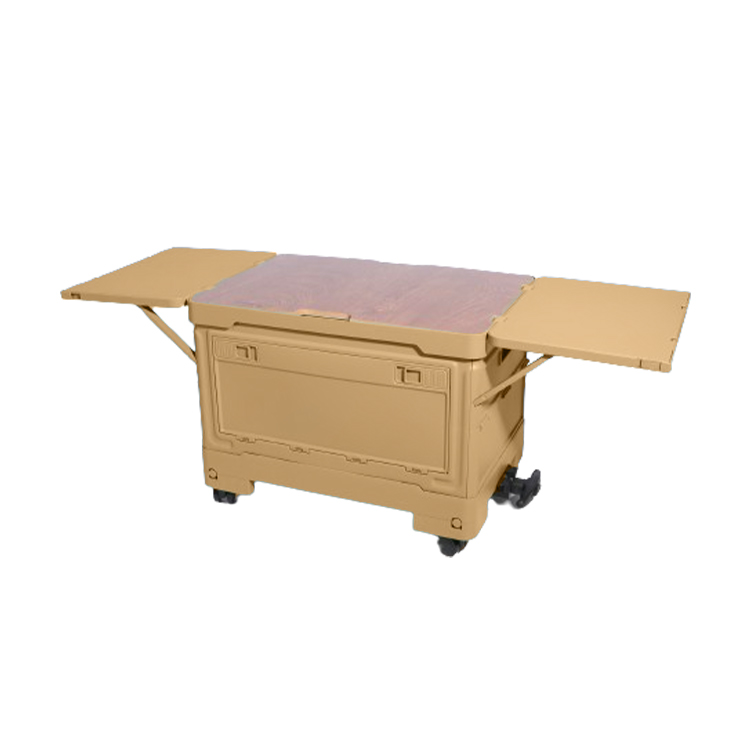 CB03 khaki box with side panels opened like a table