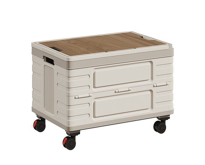 White folding storage box with wooden lid, on white background
