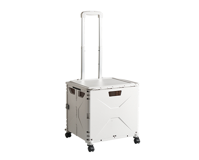 White foldable storage box with telescopic handle and wheels on white background