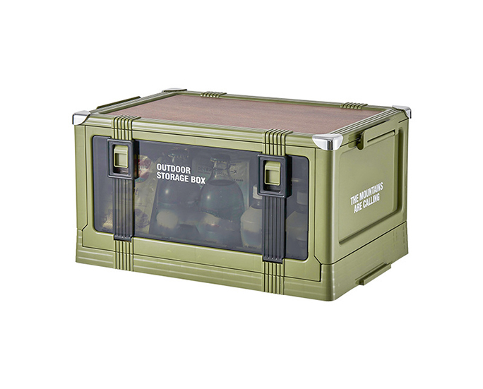 Outdoor storage box with a wood-style lid and transparent front.