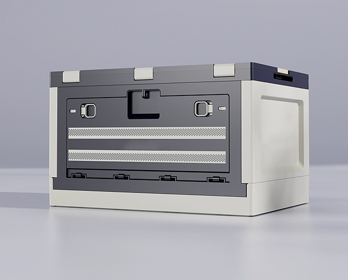Ivory and navy folding storage box with secure front latches and textured panels