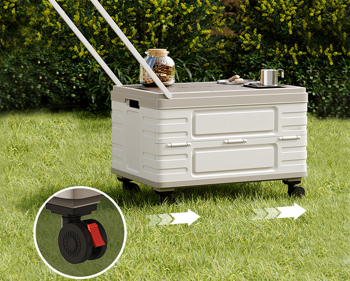 Rolling camping box in use with cup and jar, caster with brake enlarged