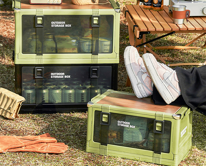 Outdoor storage boxes stacked with one used as footrest.