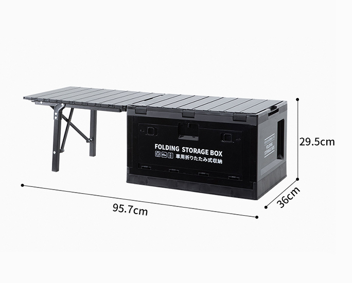 Foldable camping box with fully unfolded dual-side table structure and support legs