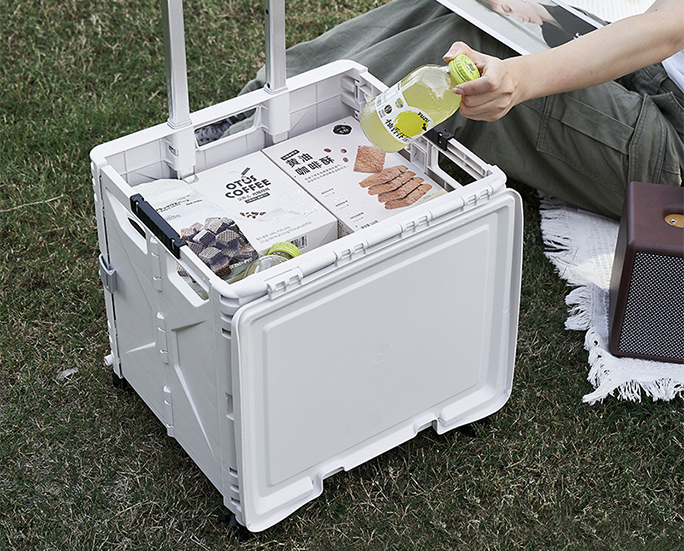 Foldable storage box with side door open, filled with drinks and snacks on grass