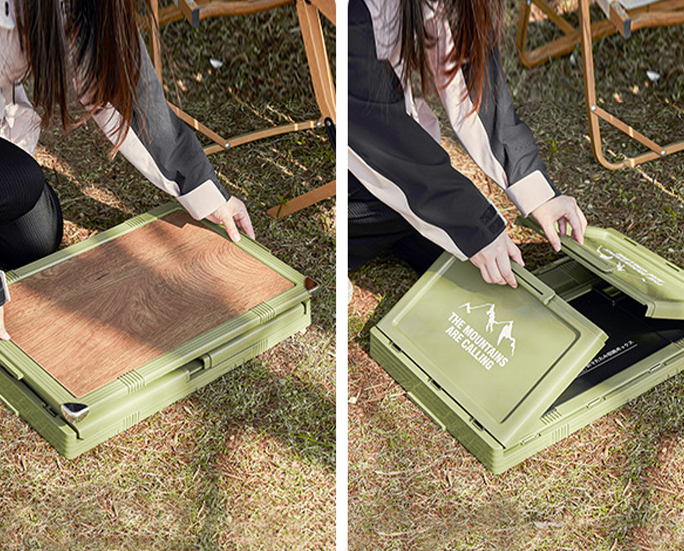 Folded green camping box with wood-texture lid.