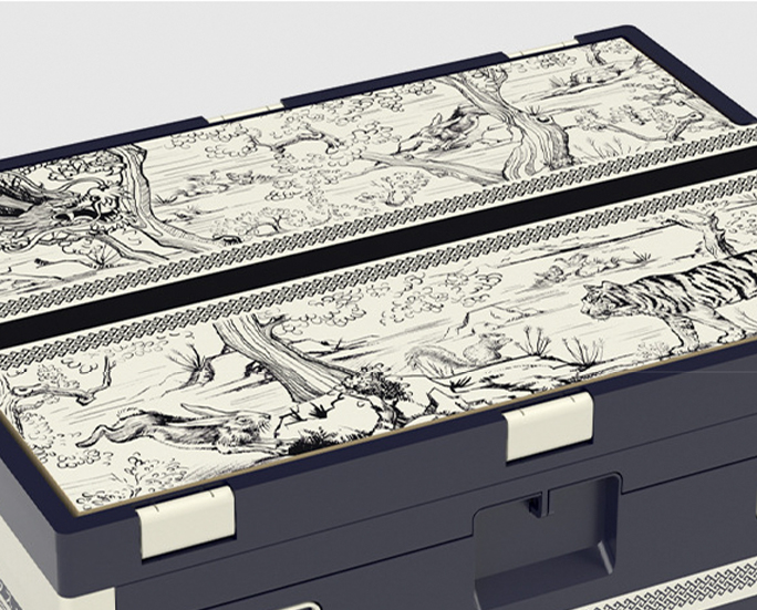 Artistic jungle illustration with tiger and monkey printed on the folding box lid