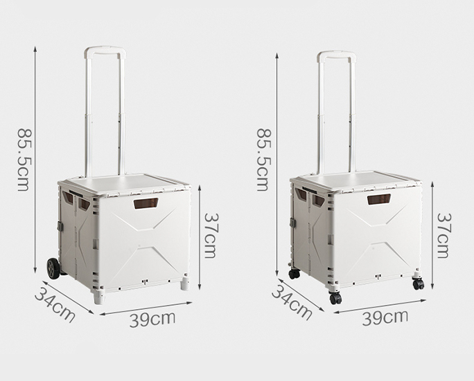 Two foldable storage boxes with telescopic handles showing product dimensions: 39cm x 34cm x 37cm, height 85.5cm