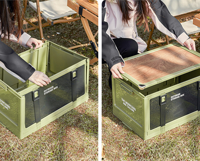 Outdoor storage box being unfolded and expanded.