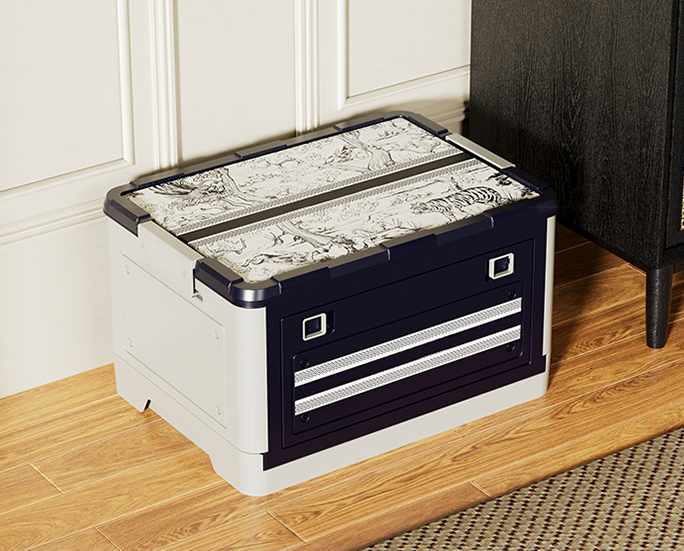 Collapsible storage box used as indoor bench in home interior setting
