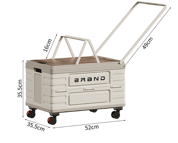 Size-annotated image of storage box with brown lid and handle