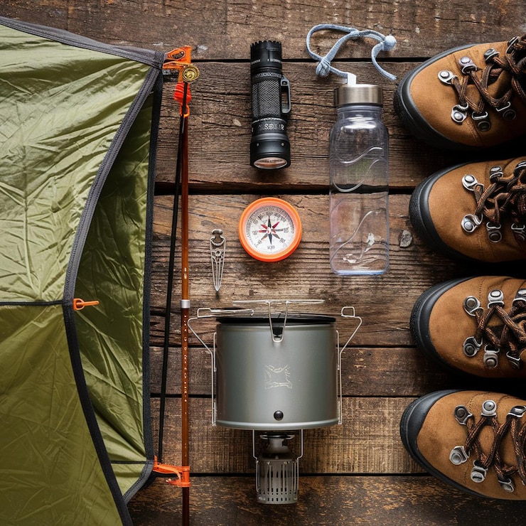 Adventure equipment including shoes compass bag pack camp torch