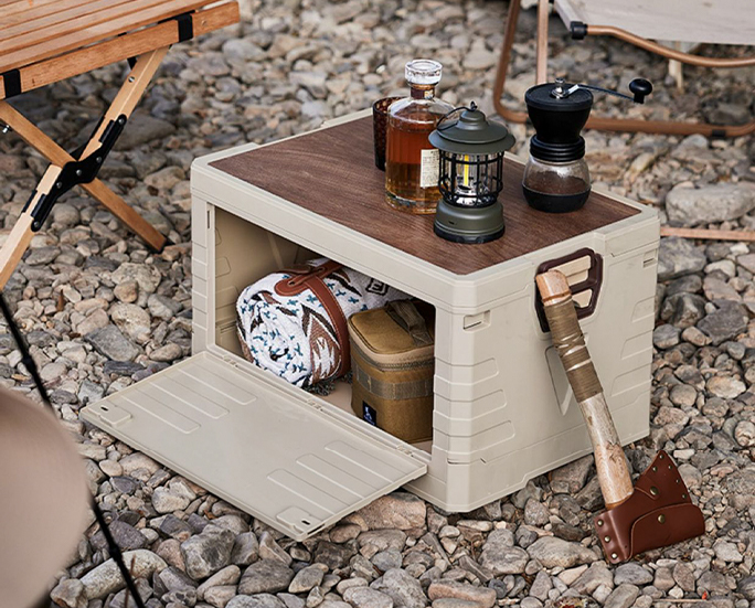 Beige crate with open side door and wooden tabletop