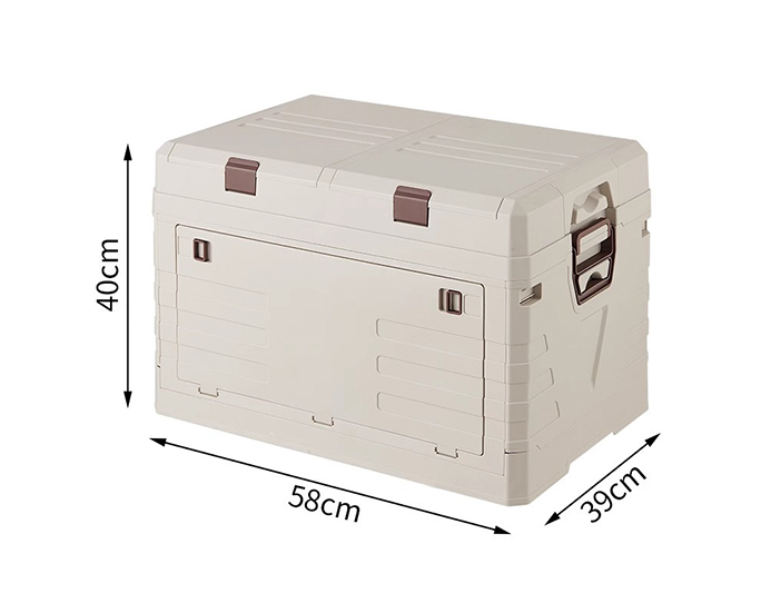Large beige folding storage crate with size dimensions