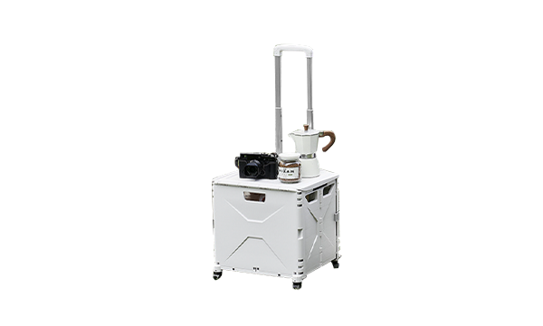 Isolated foldable trolley storage box with moka pot, camera, and coffee jar on top
