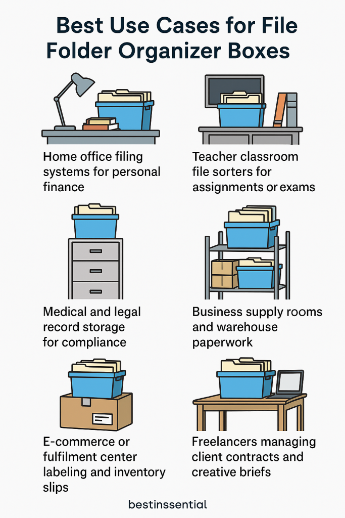 Infographic showing best use cases for file folder organizer boxes in offices, schools, warehouses, and freelance settings
