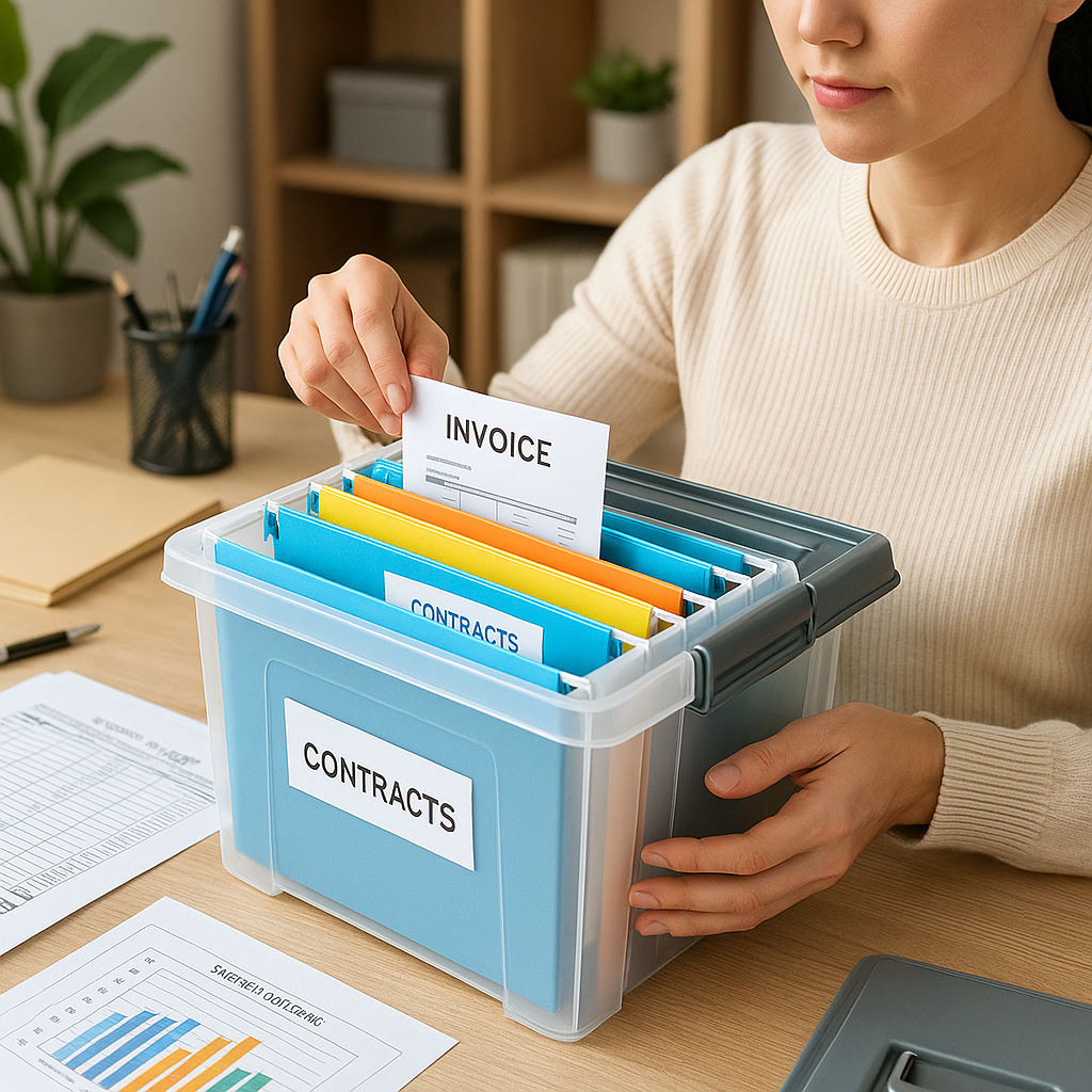 Person organizing documents into plastic file folder storage boxes with lids at home office or school